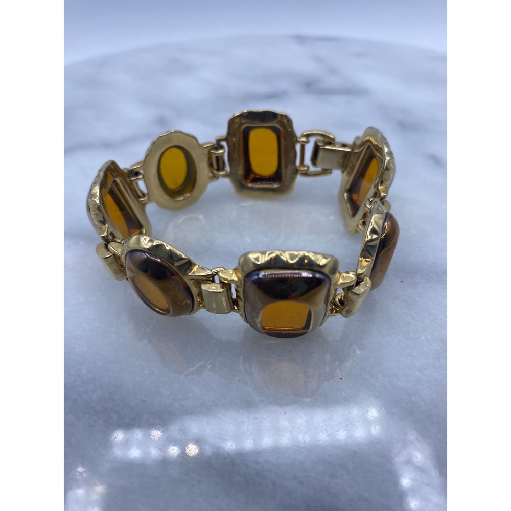 Liz Claiborne Womens 7.25in Link Bracelet Gold Amber Vintage Chunky Cabochon